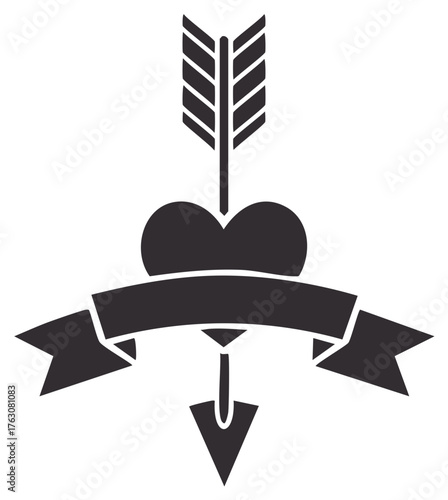 Heart pierced by arrow with banner monochrome valentines day symbol simple icon