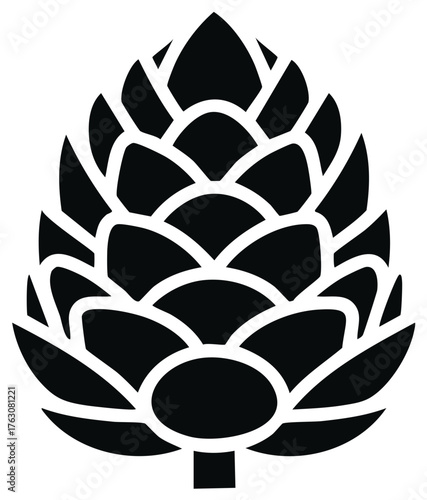 Stylized black silhouette of an abstract hop or pine cone botanical element, minimalist graphic design