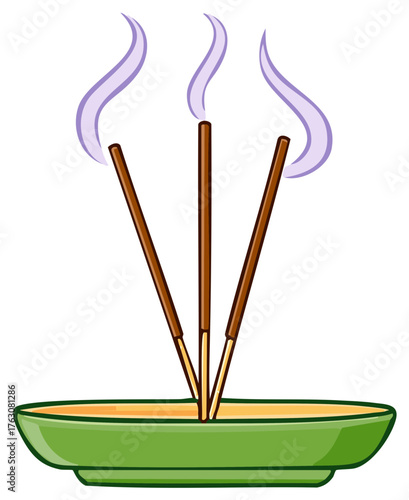 Cartoon illustration of three burning aromatic incense sticks in a green holder for meditation and relaxation