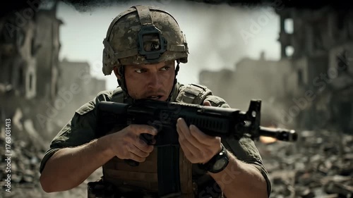 Soldier Aiming Rifle in War-Torn City