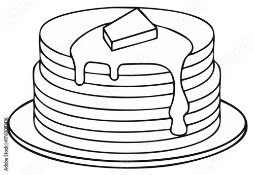 Pancake Stack with Melting Butter and Syrup Outline Drawing Ready for Coloring Book Projects