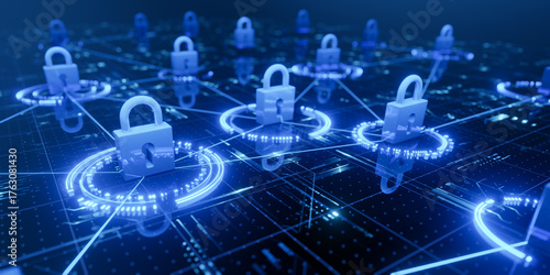Digital Cybersecurity Concept with Glowing Padlocks and Circuit Board