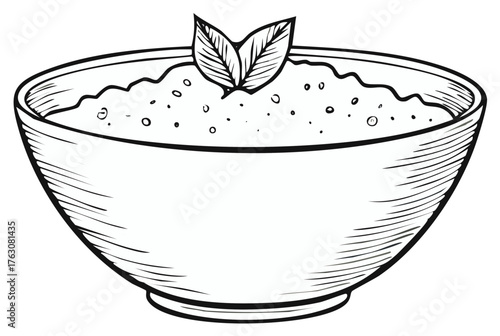 Hand drawn sketch of a food bowl with fresh leaf garnish black and white illustration