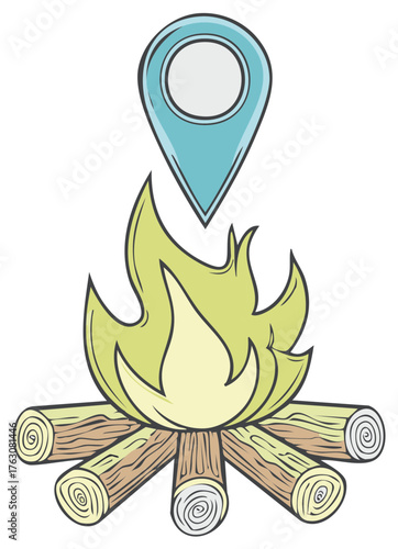 Illustration of Campfire with Map Pin, Campground, Outdoor Adventure, Location Finder