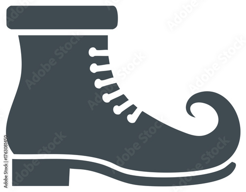 Stylized illustration of a boot with a curled toe and laces.