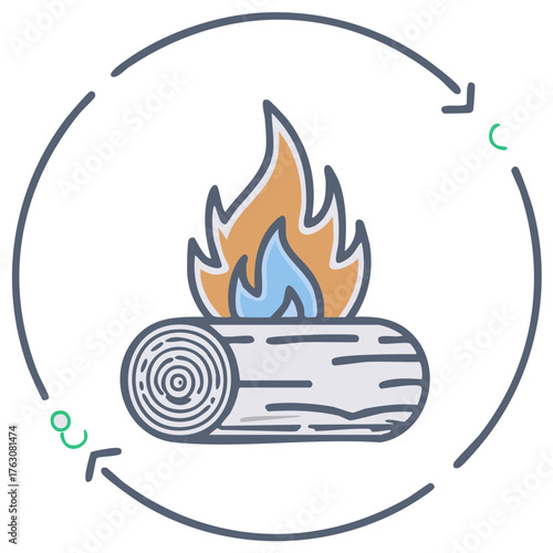 Carbon neutral biomass energy icon with a burning wood log and CO2 cycle arrow illustration