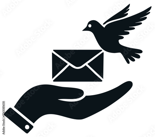 A hand releases a carrier pigeon with a letter symbol of communication and delivery