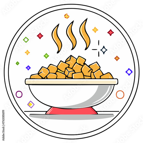 Colorful graphic icon of a steaming bowl of golden cubed food with sparkles