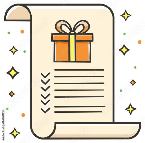Cartoon Shopping List With Gift Box And Star Doodles