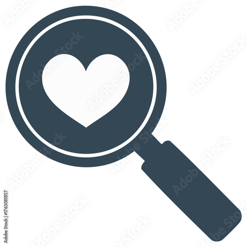 Magnifying glass icon with heart symbol representing search for love emotion or passion