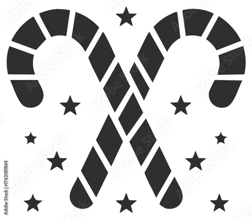 Two crossed candy canes with stars silhouette. Christmas sweet treat and festive holiday celebration symbol.