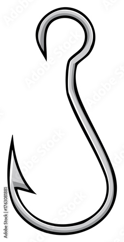 Sharp metal fishing hook with curved barb and looped eye for angling tool