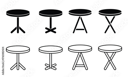 round tables with various pedestal and leg designs on a white background. Glyph and line icon Collection of four black silhouettes of round tables.