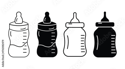 Baby feeding Bottle Icon Set. Milk Feeding Bottle Vector Collection. black and white vector measurement markings, infant feeding tools, vector  illustration.