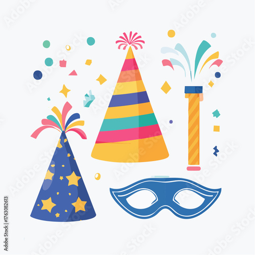 Festive party hats and masquerade mask with confetti and fireworks, celebratory flat vector icons