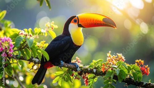 Colorful Toucan Bird Perched on Branch with Sunny Nature Background.