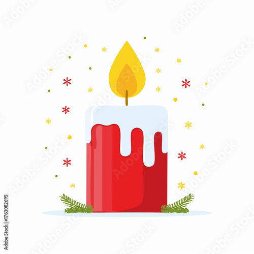 Festive Red Candle with Dripping Wax and Snowflakes - Flat Vector Illustration