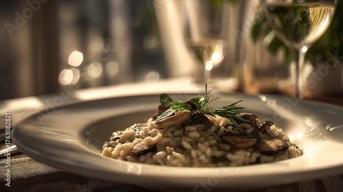 Fototapeta Naklejka Na Ścianę i Meble -  A delicious mushroom risotto served in a white ceramic bowl, garnished with fresh herbs and accompanied by glasses of white wine in soft sunlight