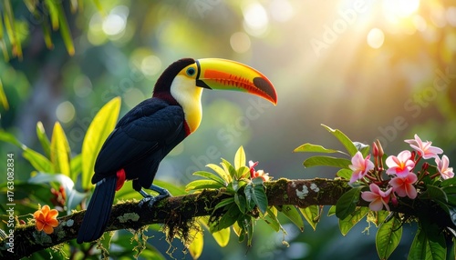 Colorful Toucan Bird Perched on Branch with Rainforest Sunlight.