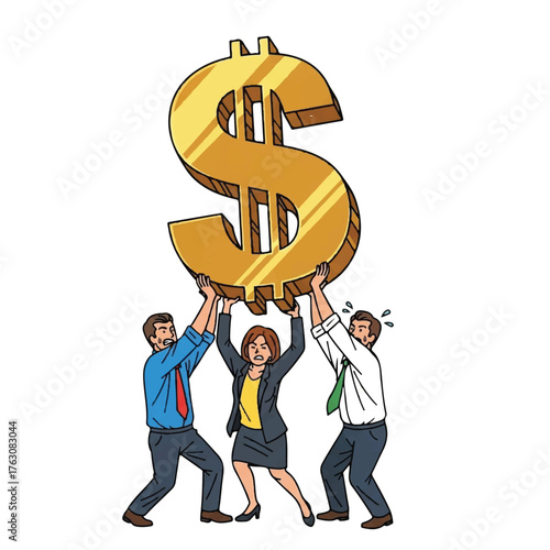 Financial Burden: A team of dedicated individuals struggles under the weight of a monumental golden dollar sign, symbolizing the pressure of financial responsibility and economic challenges.