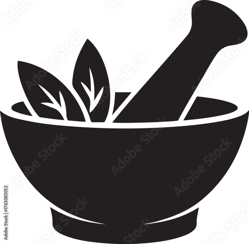 Traditional mortar and pestle symbol for herbal medicine and natural remedies with fresh green leaves representing health and wellness isolated on transparent background