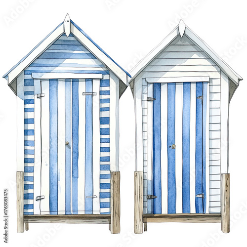 Two vintage blue and white striped beach huts standing side by side isolated on transparent background