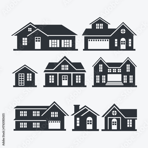 Collection of flat design house silhouettes in various styles and colors