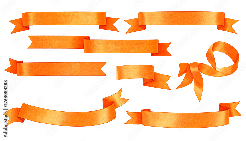 Obraz premium Nine elegant, bright orange ribbon banners with varying designs on a stark black background