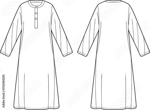 A‑line tunic dress flat sketch, long sleeve garment technical drawing, vector fashion illustration, front and back view apparel CAD template