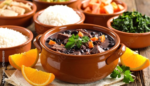 Brazilian Feijoada Dish with Rice with Vegetables, and and Oranges.
