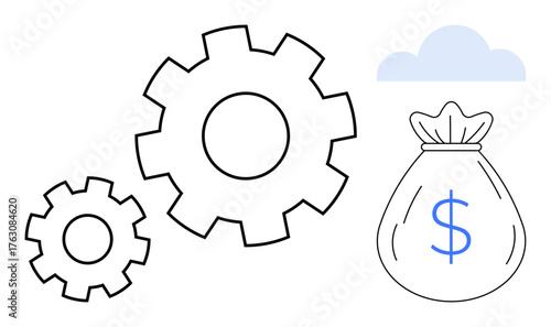 Gears symbolizing mechanisms, money bag representing wealth, and cloud icon indicating innovation. Ideal for business strategy, finance, productivity, growth, efficiency, innovation simple flat