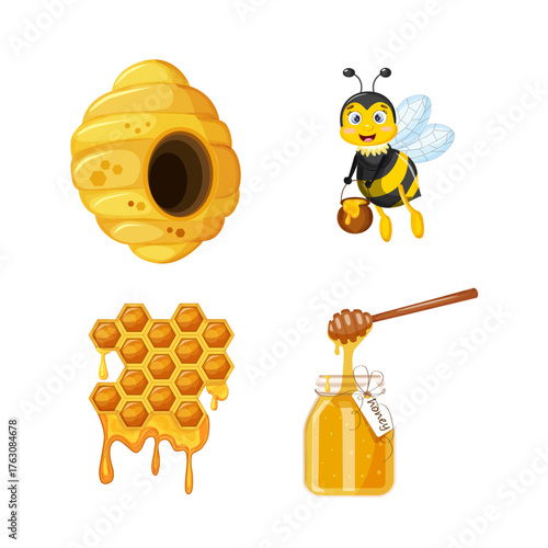 A set with honey, pieces of honeycomb, a beehive, a flying bee, a glass jar with honey dripping on a stick, puddles and drops of honey