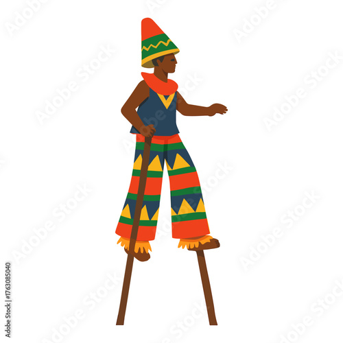 African Stilt Walker Performer in Traditional Colorful Costume