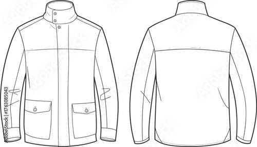 cad drawing flat vector illustration, technical jacket sketch, front and back view, fashion design, garment blueprint, outerwear template, apparel construction