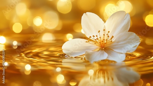 Delicate white flower floats on golden water with soft bokeh lights