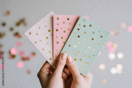 Close-up of hands holding pink and mint birthday cards with gold foil, scattered confetti on white background, soft warm light, shallow depth of field,. High quality photo