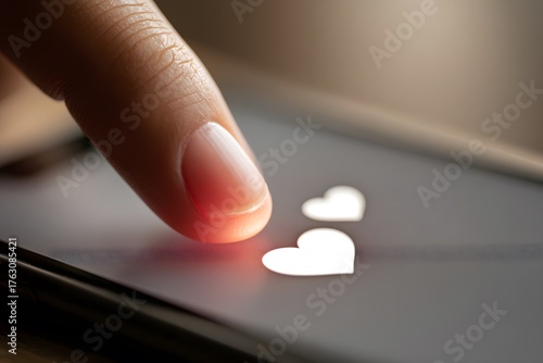  Macro shot of finger tapping heart emoji in chat on smartphone, soft focus, warm light. High quality photo