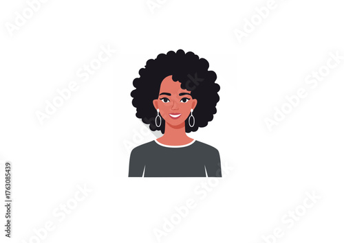 Vibrant illustration of a smiling African American woman with natural curly hair and elegant hoop earrings, depicting a friendly and modern character for digital designs and avatars
