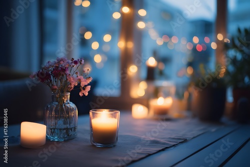 Romantic dining table with fairy lights in background, candles, small bouquet of flowers, soft evening light, cozy and elegant Valentine vibe . High quality photo