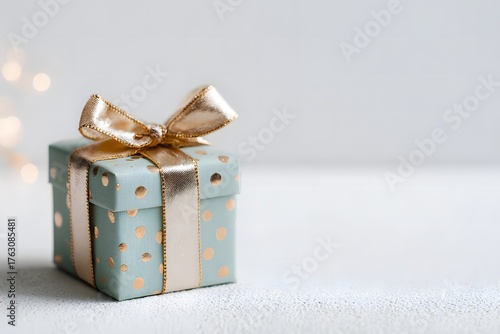  Small gift box and birthday card on white background with ample empty space for copy, soft natural light, pastel details. High quality photo