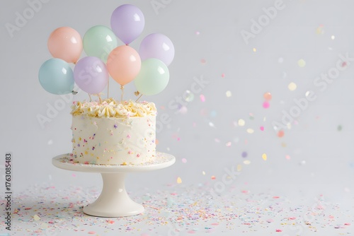 Small birthday cake, pastel balloons, and confetti poppers on white seamless background, soft side light, space for copy,. High quality photo