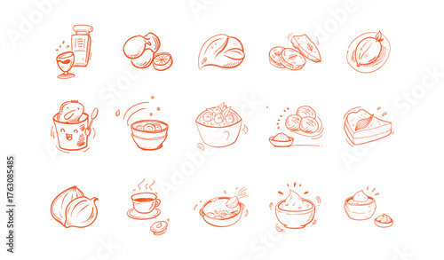 Vector doodle line art illustration of Mediterranean food and organic ingredient set on white background