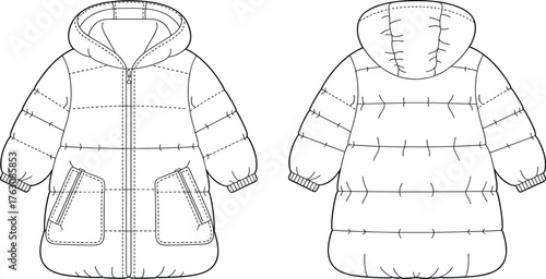 Children hooded winter coat technical flat sketch, quilted jacket front and back view, apparel fashion design template, vector CAD drawing illustration