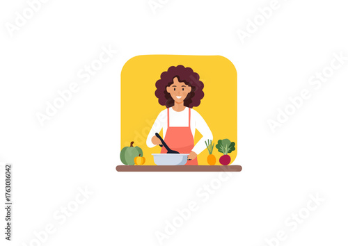 Vibrant vector illustration of a cheerful woman preparing a healthy meal, stirring ingredients in a bowl with fresh vegetables, ideal for cooking and lifestyle concepts