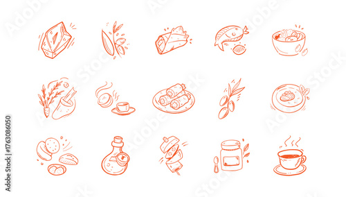 Vector doodle line art illustration of Mediterranean food and organic ingredient set on white background