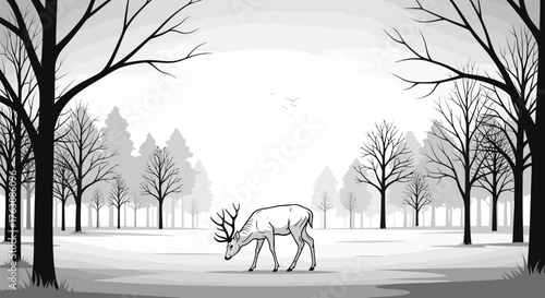 A grayscale illustration of a deer grazing in a forest with bare trees and birds in the distance