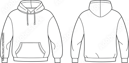 Hooded sweatshirt, pullover hoodie, front and back technical drawing, flat fashion sketch, CAD apparel design, kangaroo pocket, vector clothing illustration