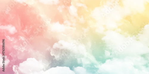 Sky and cloud background with a pastel colored. beauty abstract sweet pastel soft pink and blue with fluffy clouds on sky. multi color rainbow image. fantasy growing light