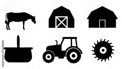 Farm life icons featuring a cow barn basket tractor and farming equipment design
