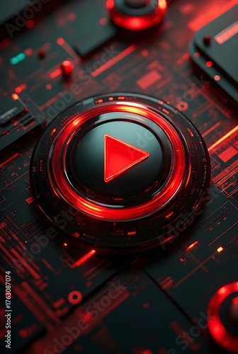 A radiant red play button gleams, centered on a dark, futuristic tech background, vertical composition. The dynamic composition offers great visuals for streaming, gaming or digital media.